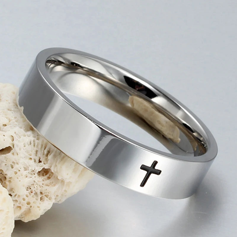 6mm Stainless Steel Cross Couple Rings Christian Jesus Christ Lord Prayer for Men and Women