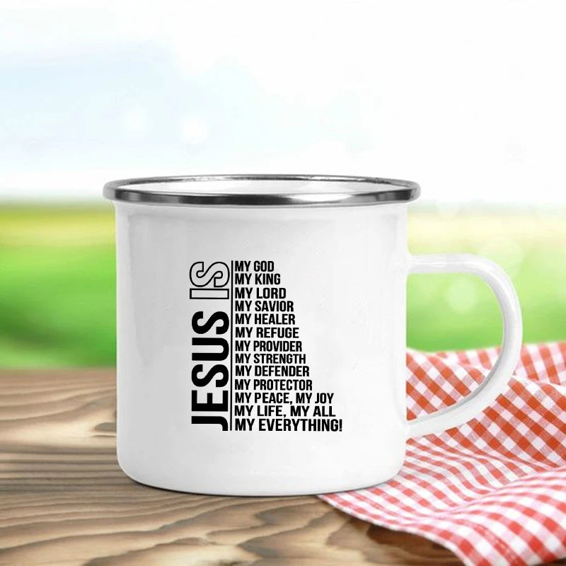 Jesus Is God Print Enamel Mugs Christian Creative Coffee Cups Drink Dessert Breakfast Milk Cup Vintage Mug Handle Drinkware Gift