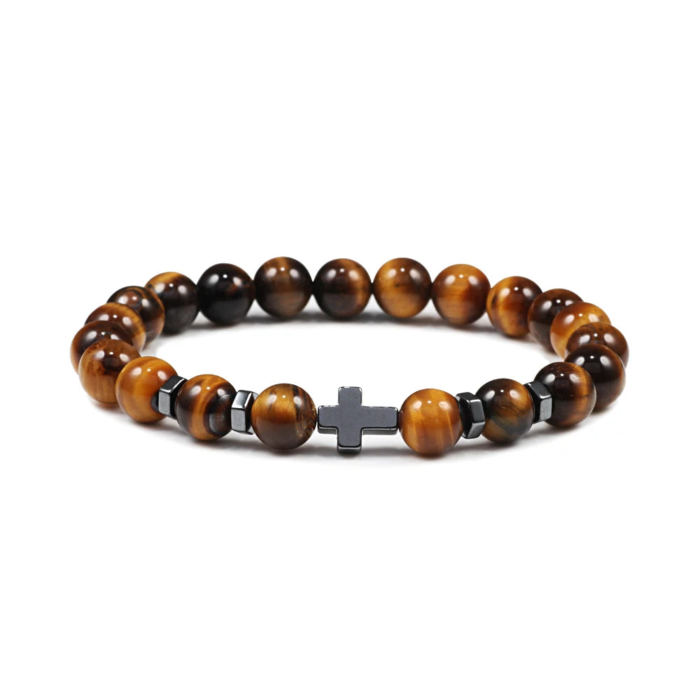 Prayer Men Women Bracelet Hematite Cross Rosary Natural Stone Beads Jesus Onyx Meditation Bracelets Bangles Jewelry Gift Pulsera