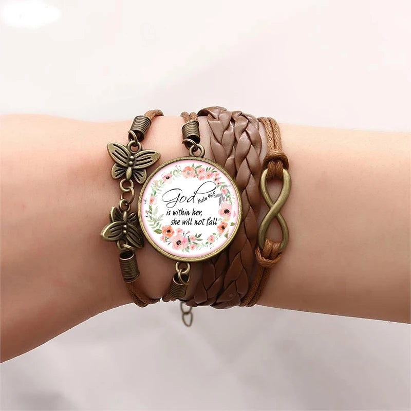 Bible Verse Bracelet Religious Jewelry Glass Cabochon Multi-Layer Leather Bracelets Jesus God Women Men Christian Gifts