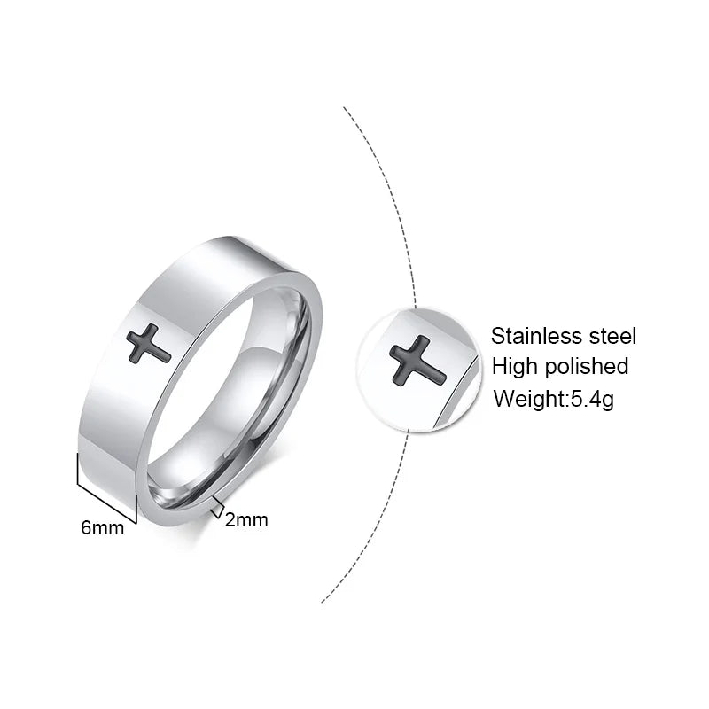 6mm Stainless Steel Cross Couple Rings Christian Jesus Christ Lord Prayer for Men and Women