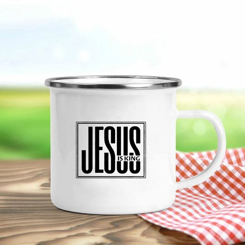 Jesus Is God Print Enamel Mugs Christian Creative Coffee Cups Drink Dessert Breakfast Milk Cup Vintage Mug Handle Drinkware Gift