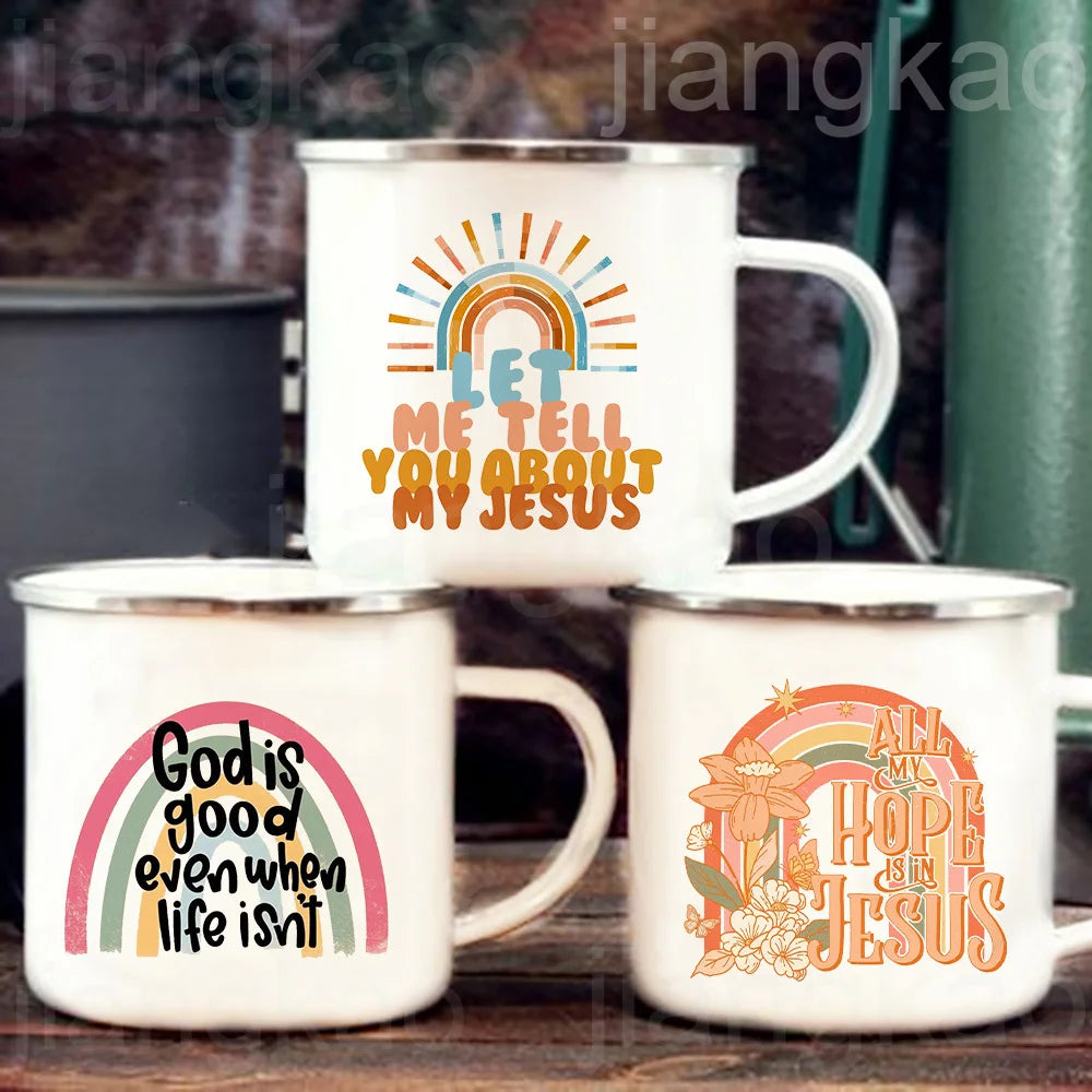 Let Me Tell You about My Jesus Rainbow Print Mugs Christian Coffee Cups Drinks Water Cup Enamel Mug Handle Drinkware Best Gifts