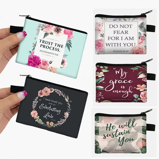 Christian Bible Verse in English Print Coin Purse Women Small Wallet God He Will Sustain You Card Holder Coin Bag Zipper Pouch