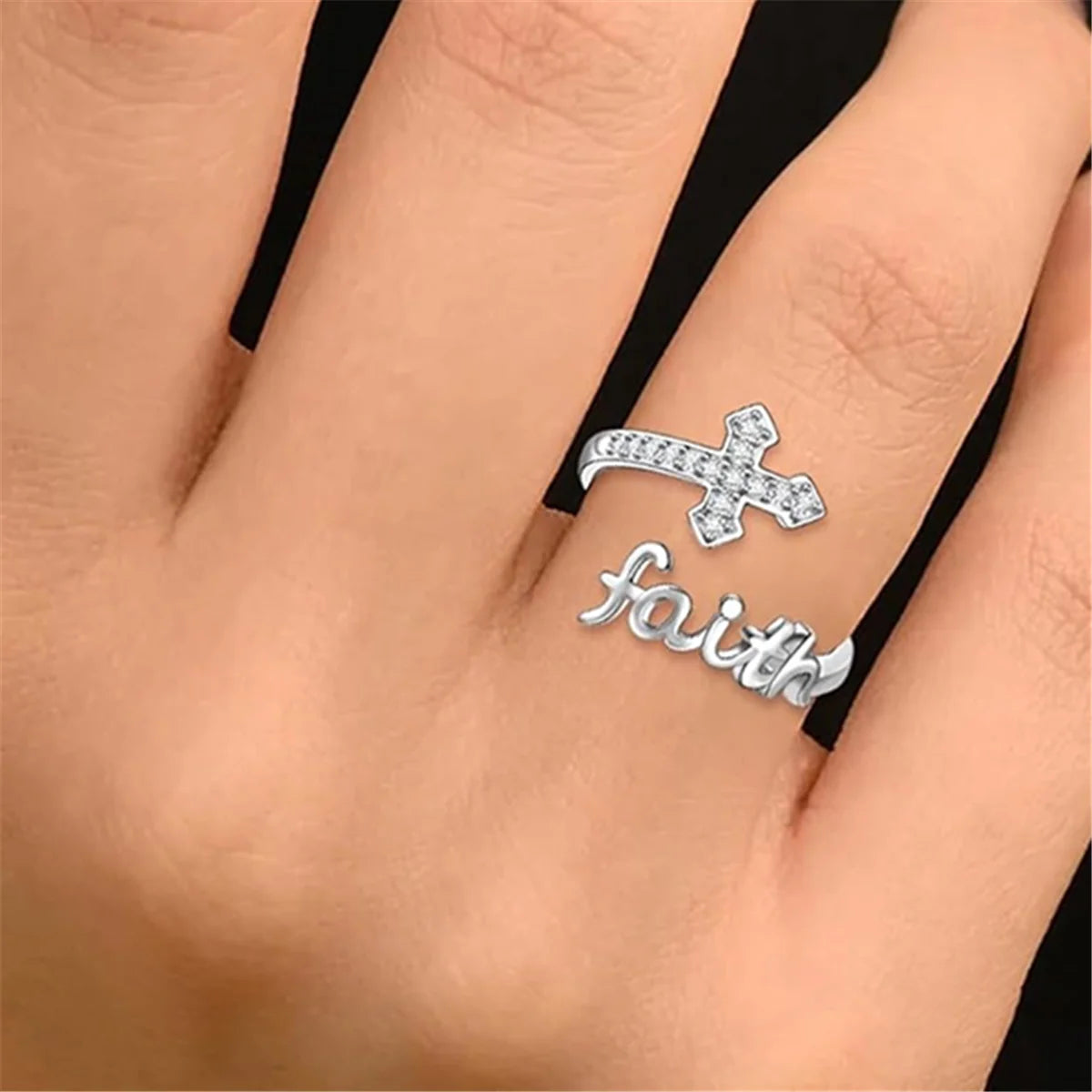 1Pc Exquisite Faith Cross Open Ring Fashion Christian Jewelry Daily Accessories Women's Prayer Blessing Perfect Gift