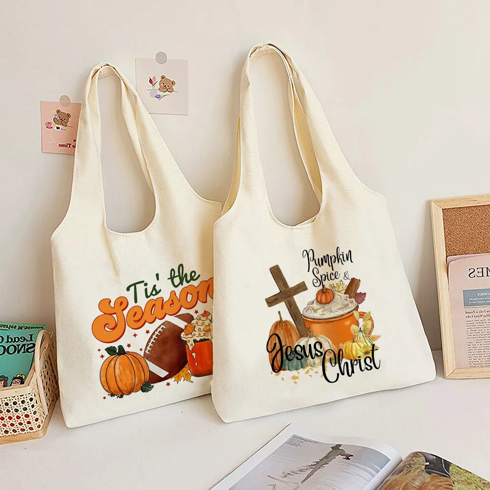 Pumpkin Spice & Jesus Christ Print Shouder Bag Fall Thanksgiving Halloween Canvas Bags Autumn Festive Tote Handbag Gift for Her